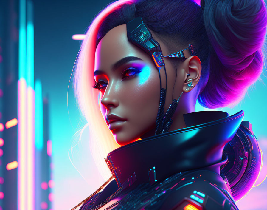 Female Cyborg with Glowing Blue Cybernetic Enhancements in Neon Cityscape