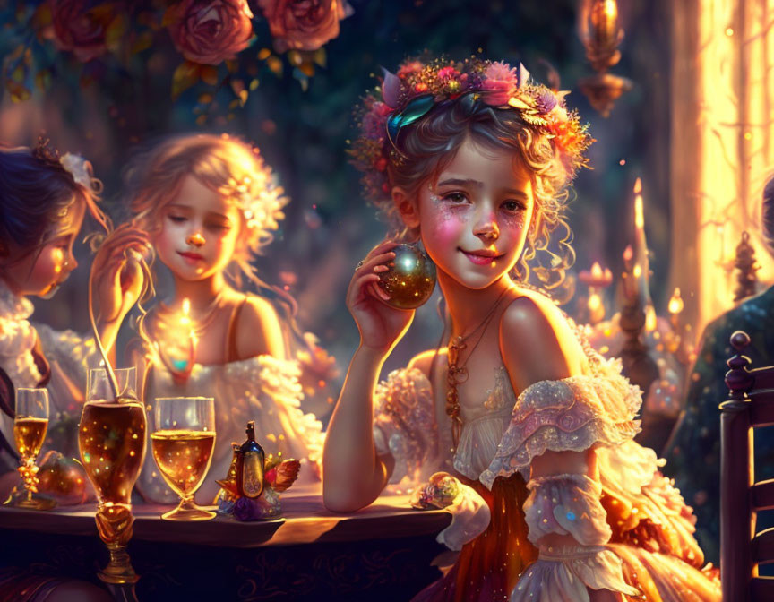 Young girl with floral wreath holding golden orb at magical, candlelit party with roses