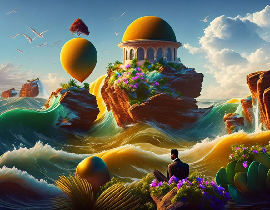 Man observes floating islands with classical buildings, vibrant flora, ocean waves, and birds in the sky