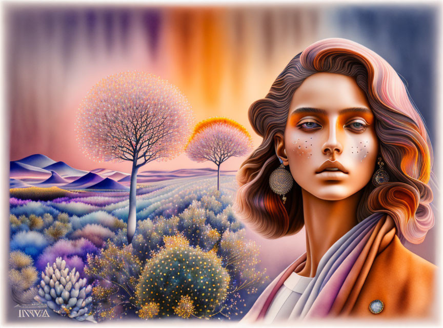 Digital artwork blending woman's portrait with vibrant surreal landscape