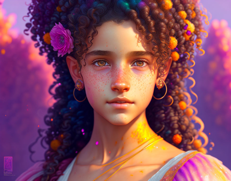 Portrait of a girl with curly hair, flowers, freckles, and a gaze on soft purple