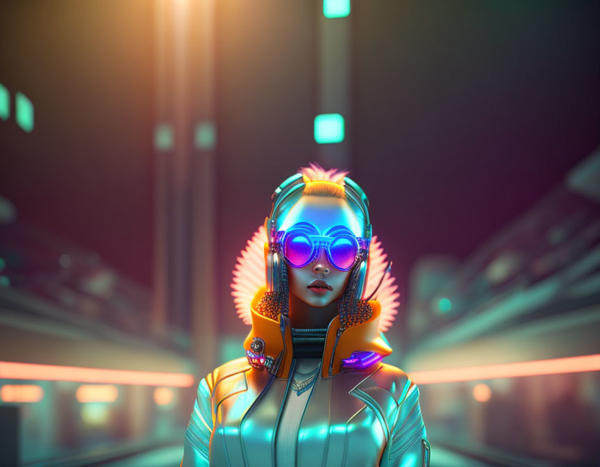 Futuristic woman in neon glasses and headphones against sci-fi cityscape