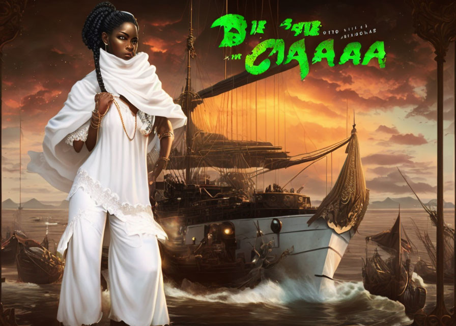 Woman with intricate braided hair in white attire against pirate ship backdrop