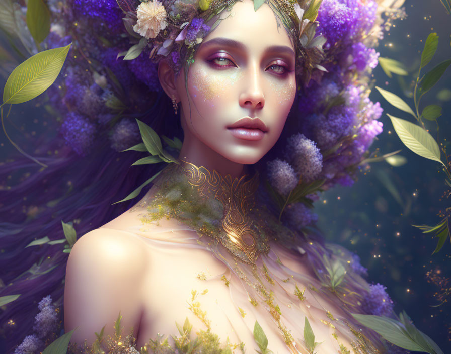 Digital artwork: Woman with floral adornments and golden jewelry