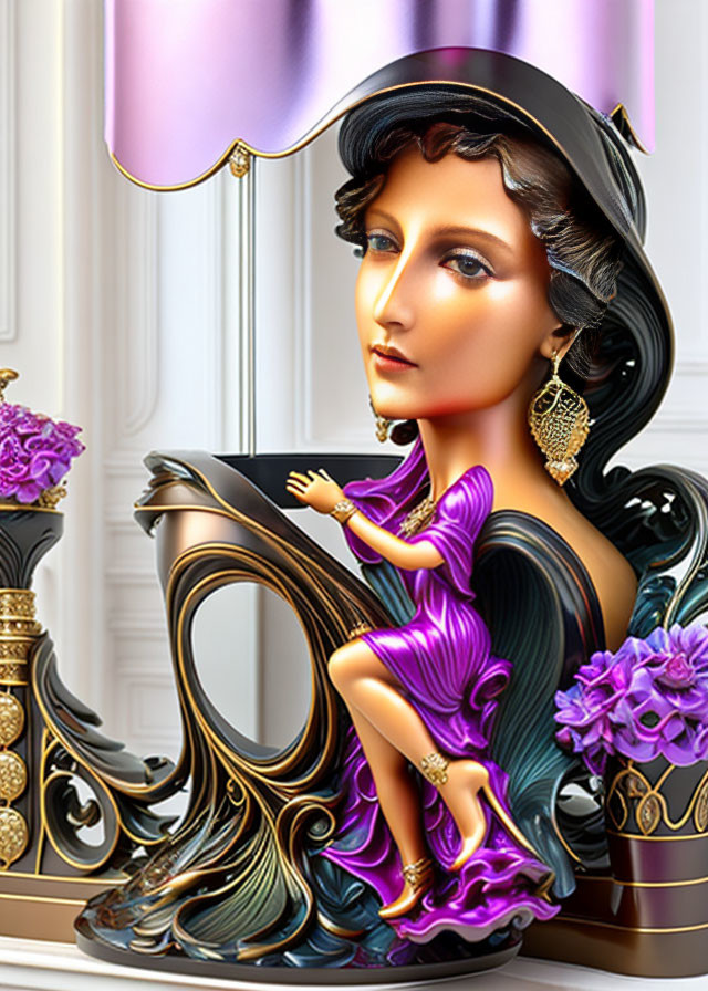 Woman with classical features sitting on stylized cup amidst elegant decor and purple flowers