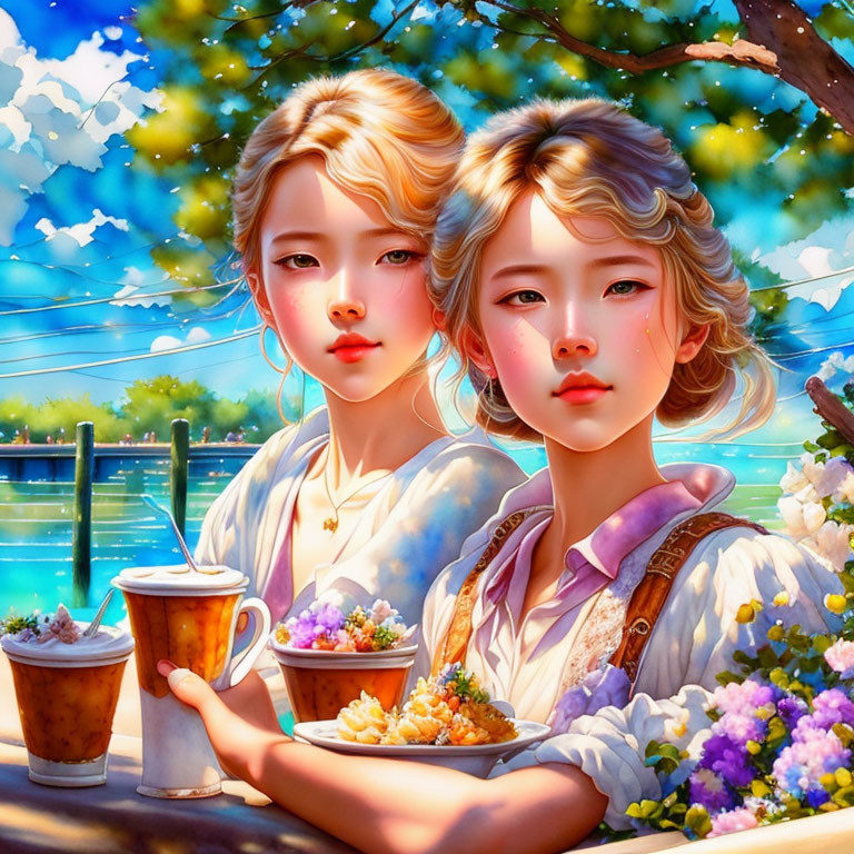 Two young women dining outdoors with vibrant flowers and serene blue water backdrop