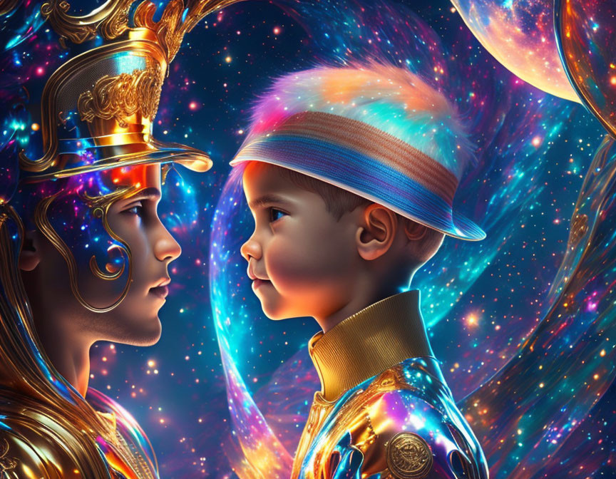 Surreal portrait: Child and figure in golden helmet with cosmic colors