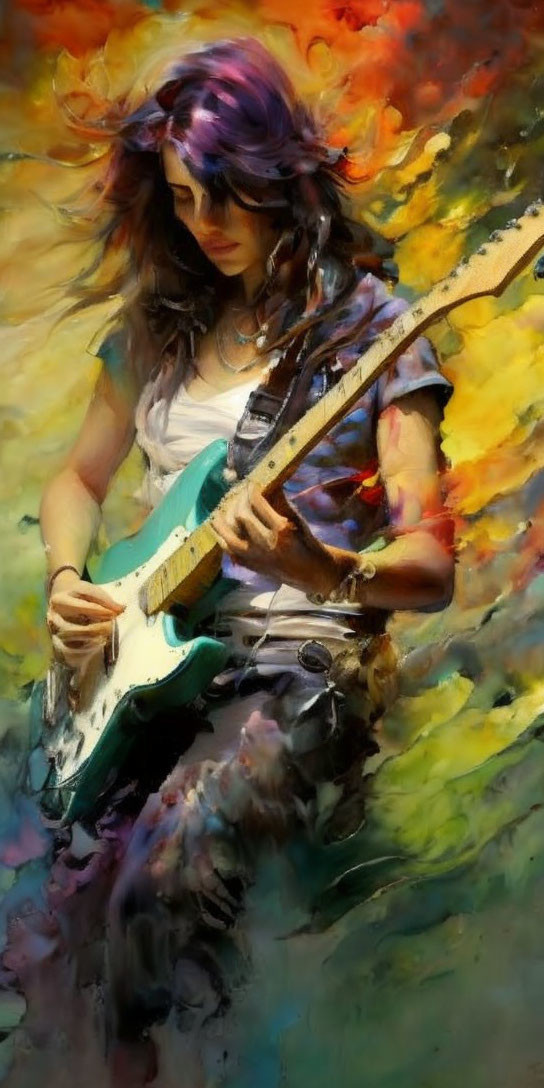 Colorful painting of woman playing electric guitar