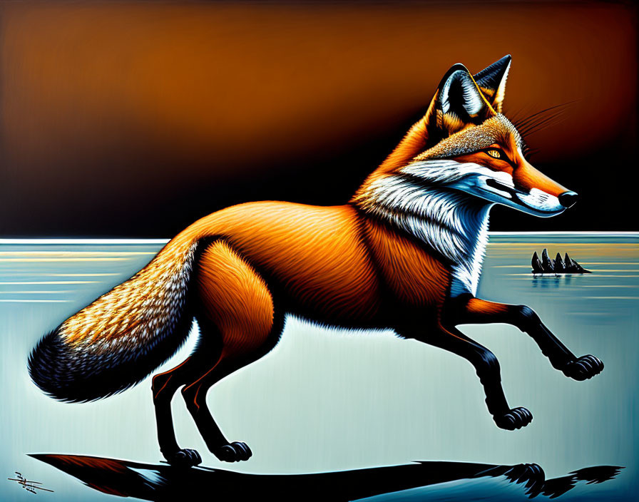 Stylized red fox walking in profile on vibrant background