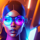Colorful digital artwork: Woman with glowing glasses in enchanted setting.