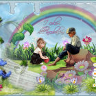 Vibrant garden scene with two girls, rainbow, butterflies, fruits, and flowers