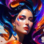 Colorful digital portrait of woman with flowing hair-like forms and striking makeup on iridescent backdrop