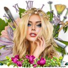 Blonde woman with floral headpiece in vibrant flower setting