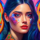 Vivid Blue Hair Woman with Colorful Makeup on Psychedelic Background