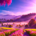 Scenic landscape with pink and purple hues, blooming flowers, fog, and rolling hills