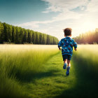 Woman in blue dress with red flower crown walking in vibrant meadow towards forest