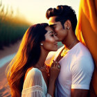 Illustrated couple in white dress and leaning against dune under golden light
