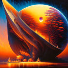 Surreal digital artwork: whale merges with sunset landscape in giant bubble