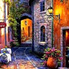 Quaint village cobblestone street at sunset with flowers and person pushing bike