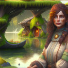 Surreal illustration: woman, tray with house, pocket watch, river, oversized grass, trees