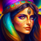 Colorful illustration: Woman with blue skin, golden facial tattoos, and ornate jewelry on warm background