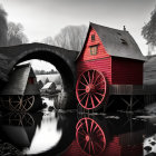 Illustration of Red Mill House with Water Wheels in Enchanted Landscape