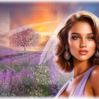 Stylized illustration of woman with blue eyes and curly hair in colorful landscape