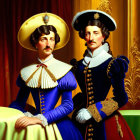 Historical attire man and woman at table with wine in dramatic digital painting