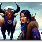 Surreal painting: woman in blue robe with bull in sunhat under clear sky