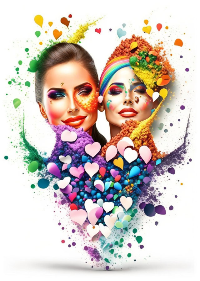 Colorful digital artwork: Two women's faces with rainbow makeup, surrounded by flowers and hearts.