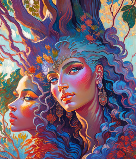 Colorful fantasy artwork: Two women with nature-inspired features and flowing hair in vibrant setting