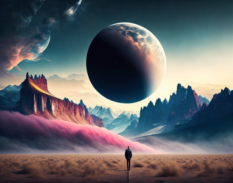 Person in desert landscape at dusk with large planet, stars, mountains, and mist