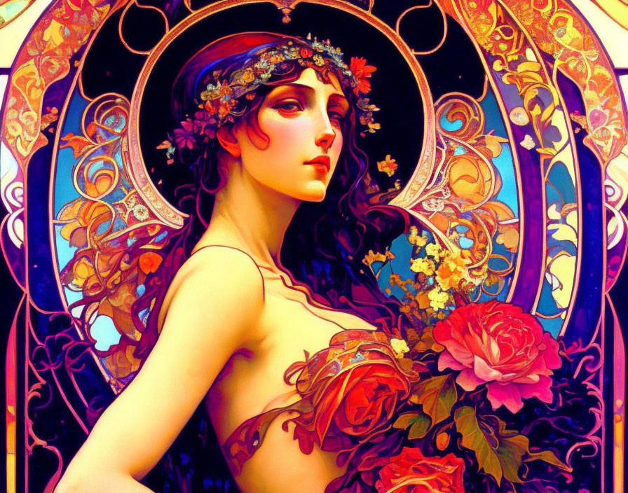 Art Nouveau Style Woman with Floral Wreath and Ornate Patterns