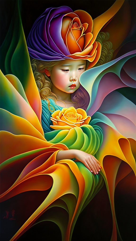 Vibrant surreal portrait of girl with rose hat and flowing shapes
