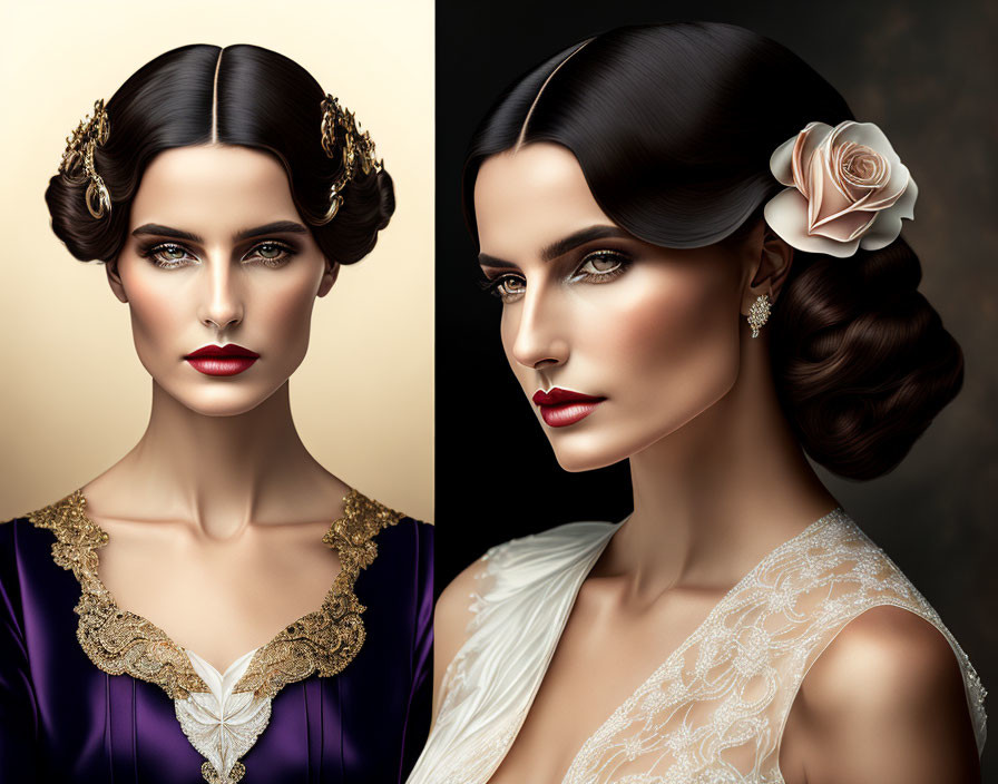 Portraits of woman with elegant hairstyles and makeup in formal attire