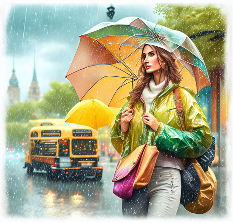 Woman in Yellow Raincoat Walking in City Rain