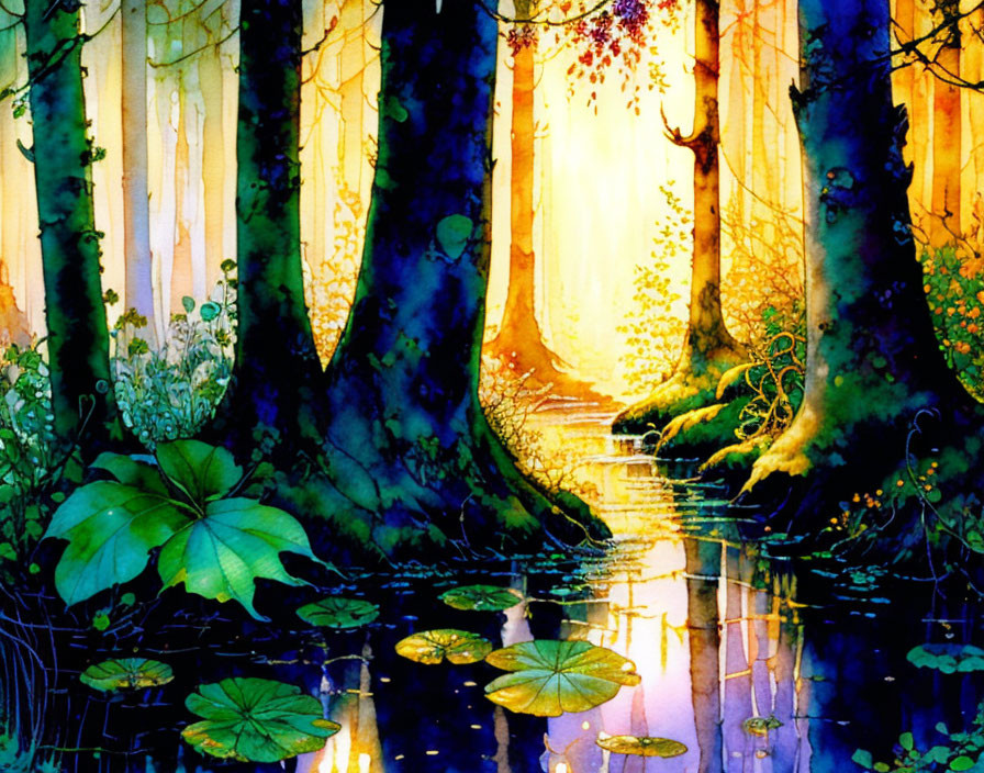 Sunlit watercolor forest scene with serene stream and lily pads