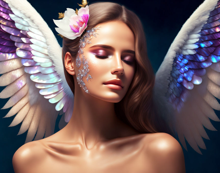 Serene woman with closed eyes and angel wings in floral and glitter makeup
