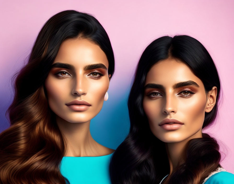 Two women with bold makeup and long wavy hair on pink and blue gradient backdrop
