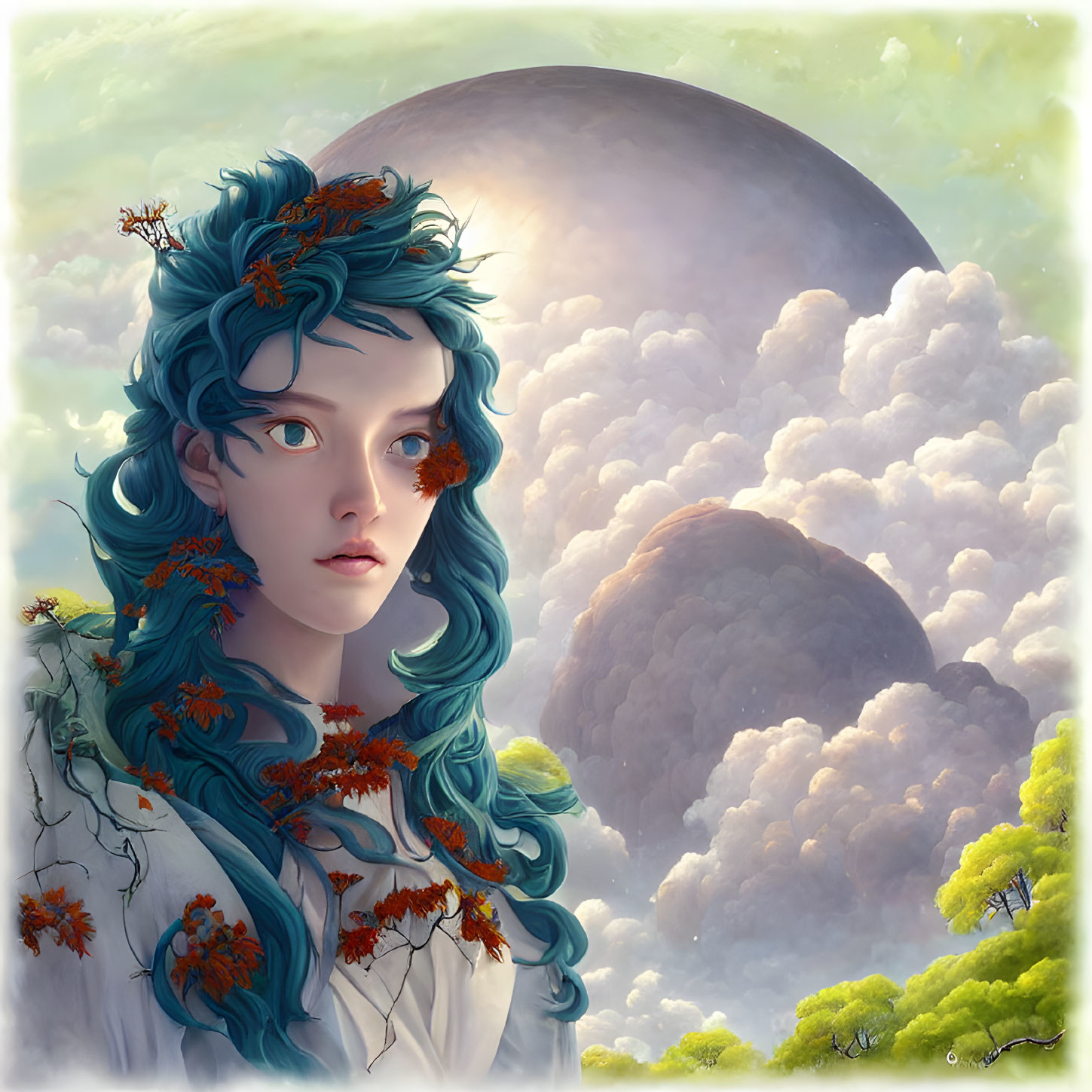 Fantastical portrait: Woman with blue hair, orange flowers, clouds, and planet