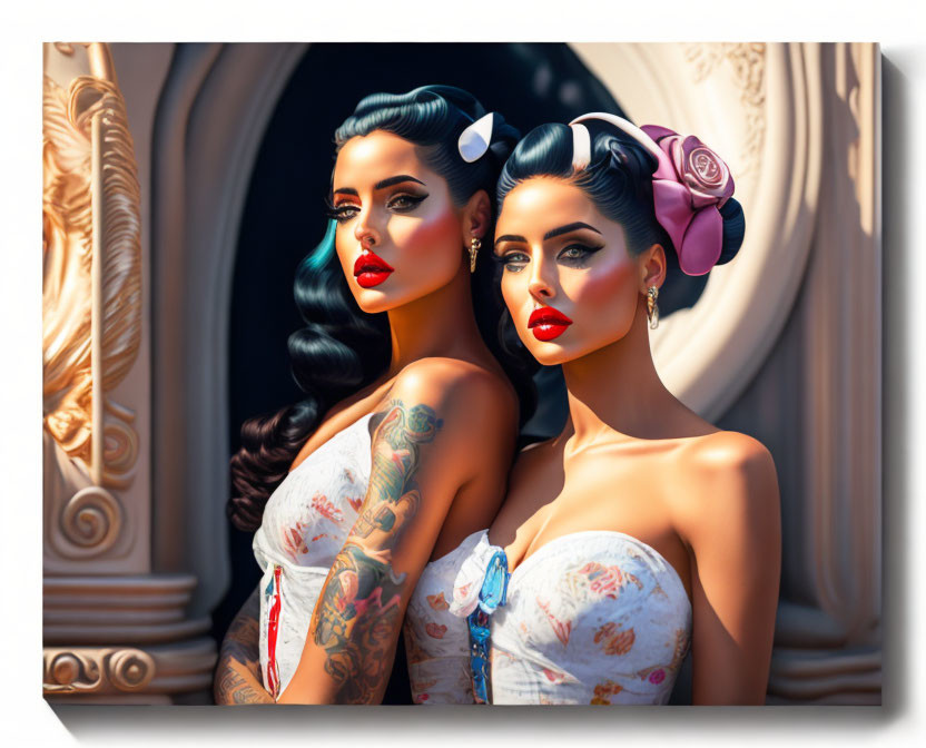 Stylized women with tattoos and vintage hairstyles posing against classic architecture