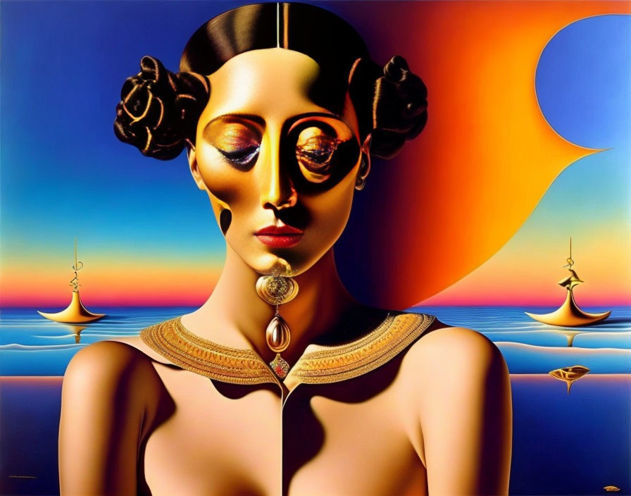 Surrealistic portrait of woman with golden facial features against oceanic landscape