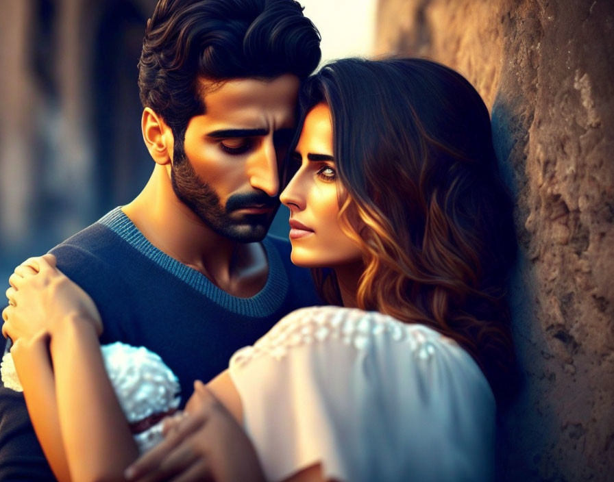 Dark-haired man and woman sharing intimate gaze.