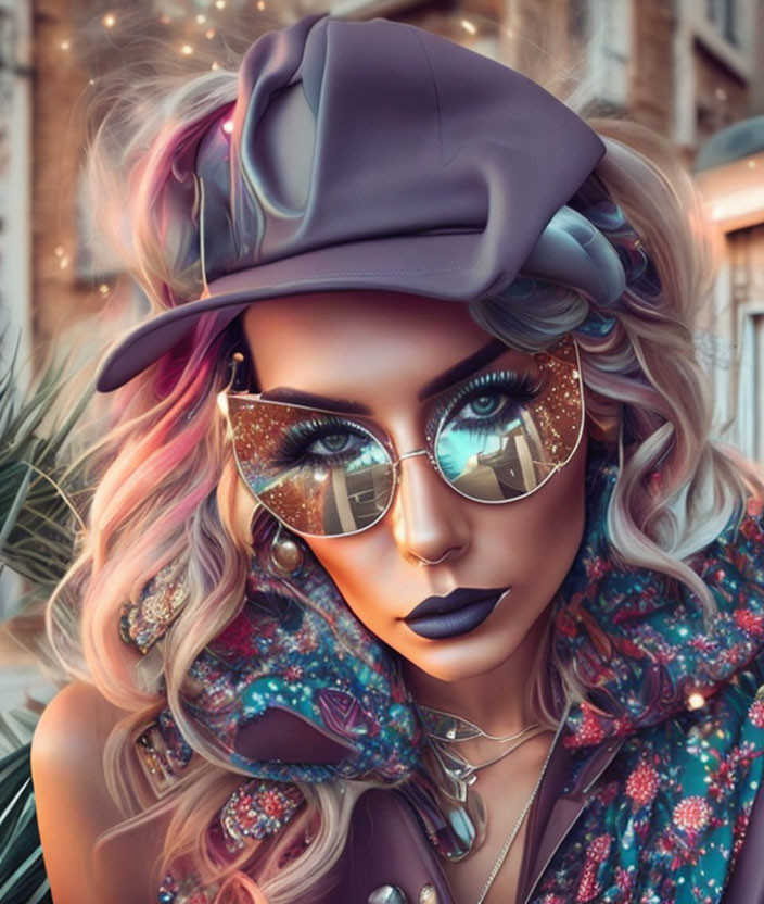 Digital artwork features woman with blue eyes, purple hat, sunglasses, dark lipstick, floral motif