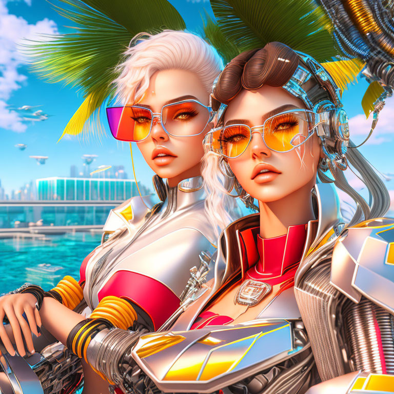 Stylized female figures in futuristic outfits by water and cityscape