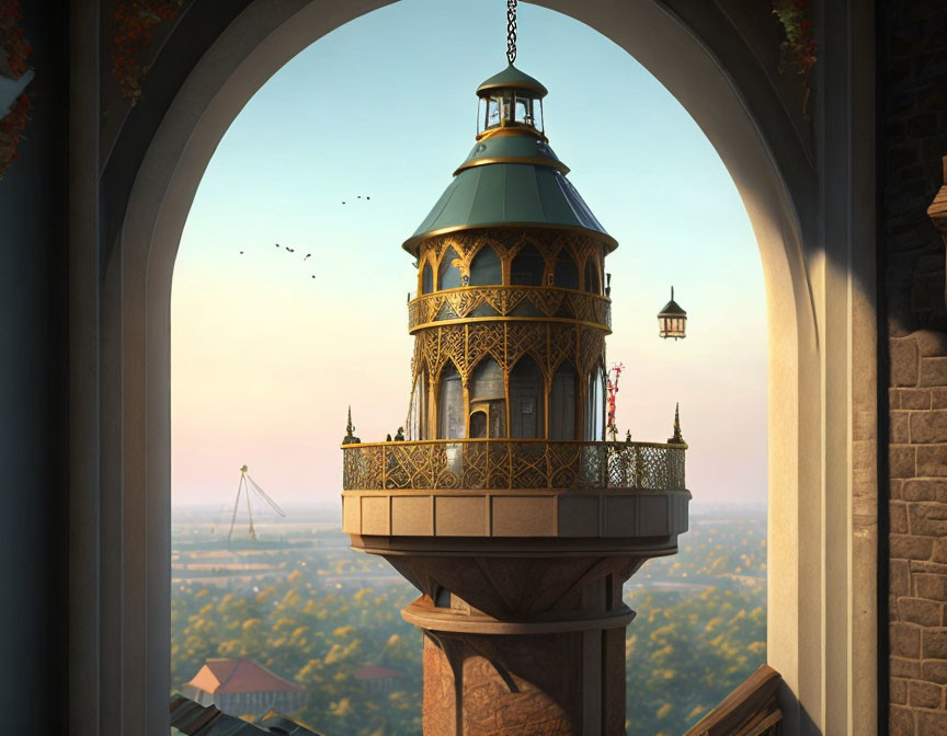 Gothic arches tower balcony overlooking serene town at golden hour