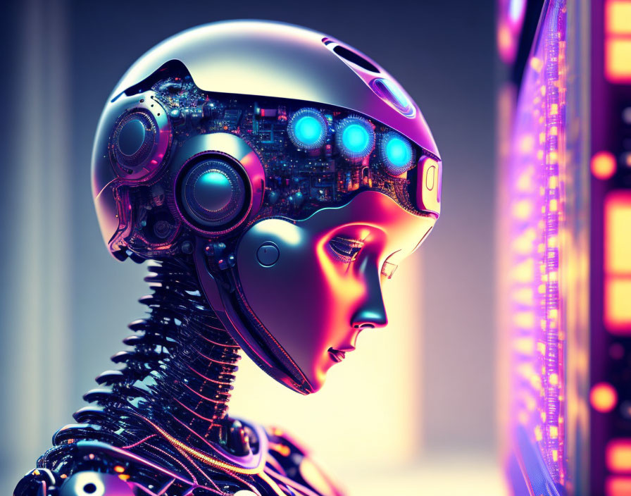 Detailed humanoid robot with futuristic helmet, illuminated circuits, and screens displaying colorful data.