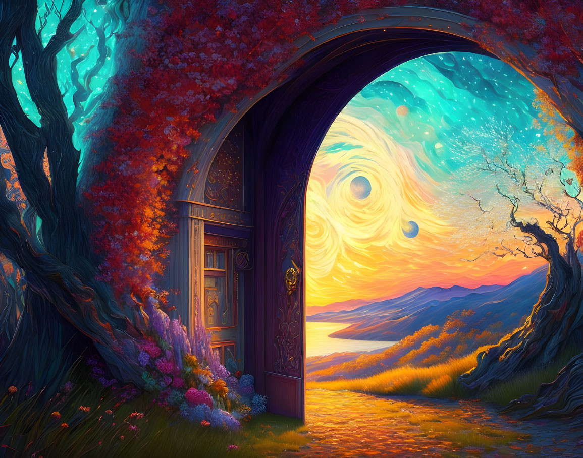 Fantasy landscape with ornate door, magical realm, swirling skies, tranquil lake, colorful flora