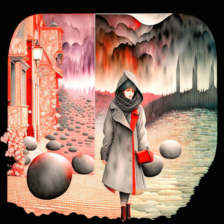 Woman in Gray Coat and Red Scarf on Surreal Landscape with Red House and Round Stones under Crimson