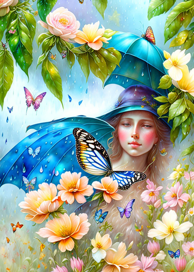 Illustration of woman with butterfly earring under blue flowered umbrella